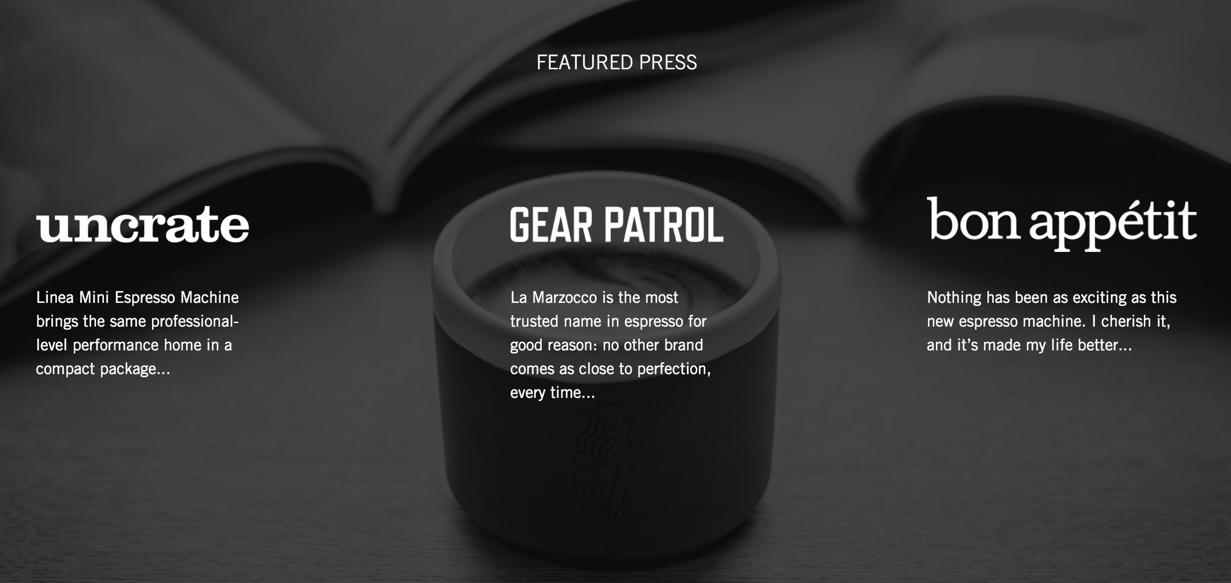 Featured press coverage for La Marzocco espresso machines including Uncrate, Gear Patrol, and Bon Appétit reviews