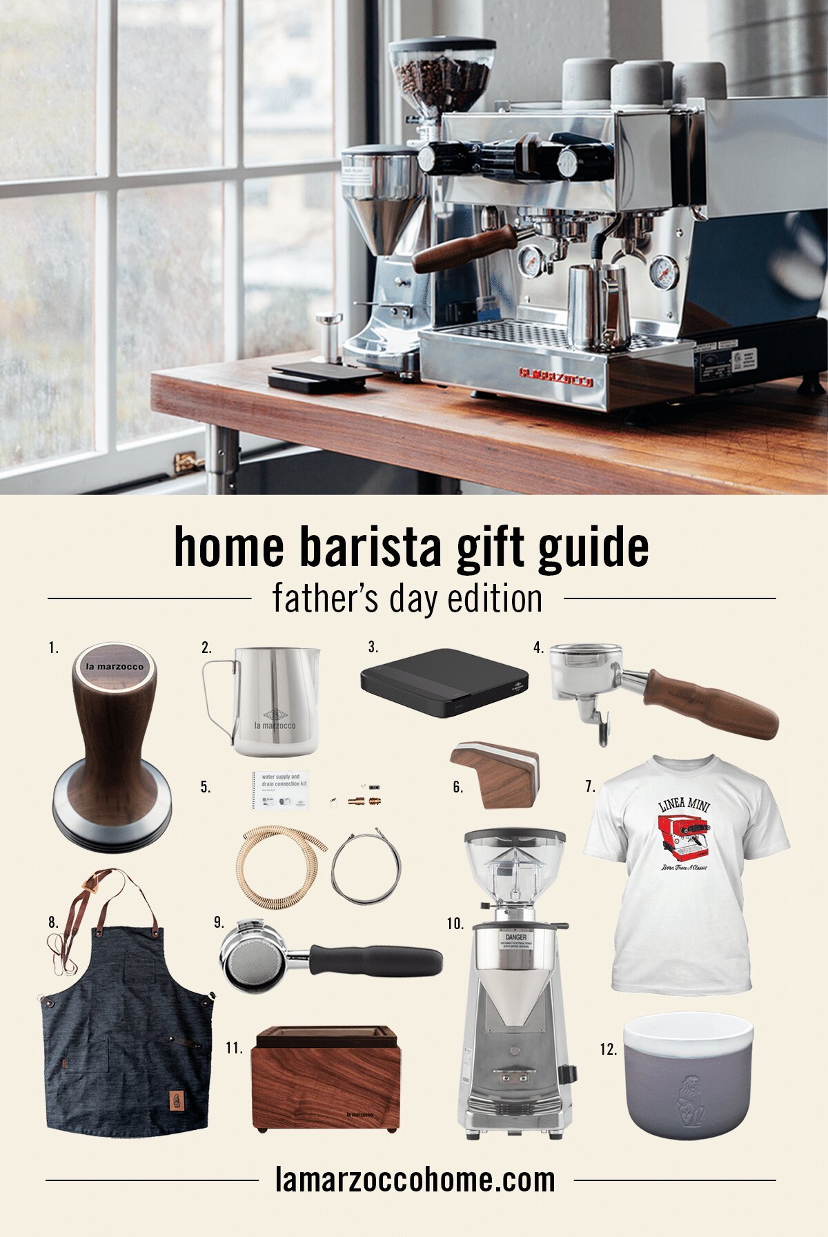 Home barista gift guide, Father's Day edition, featuring La Marzocco espresso machine and accessories including grinder, tamper, milk pitcher, and portafilter