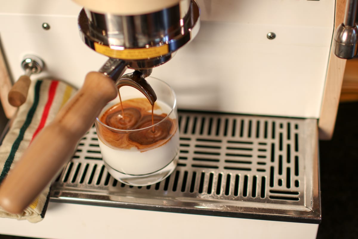 Pull a shot over Milk (we used a 1:2 brew ratio on a programmed GS3 AV).