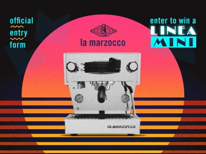 La Marzocco Linea Mini espresso machine contest entry form promotional poster