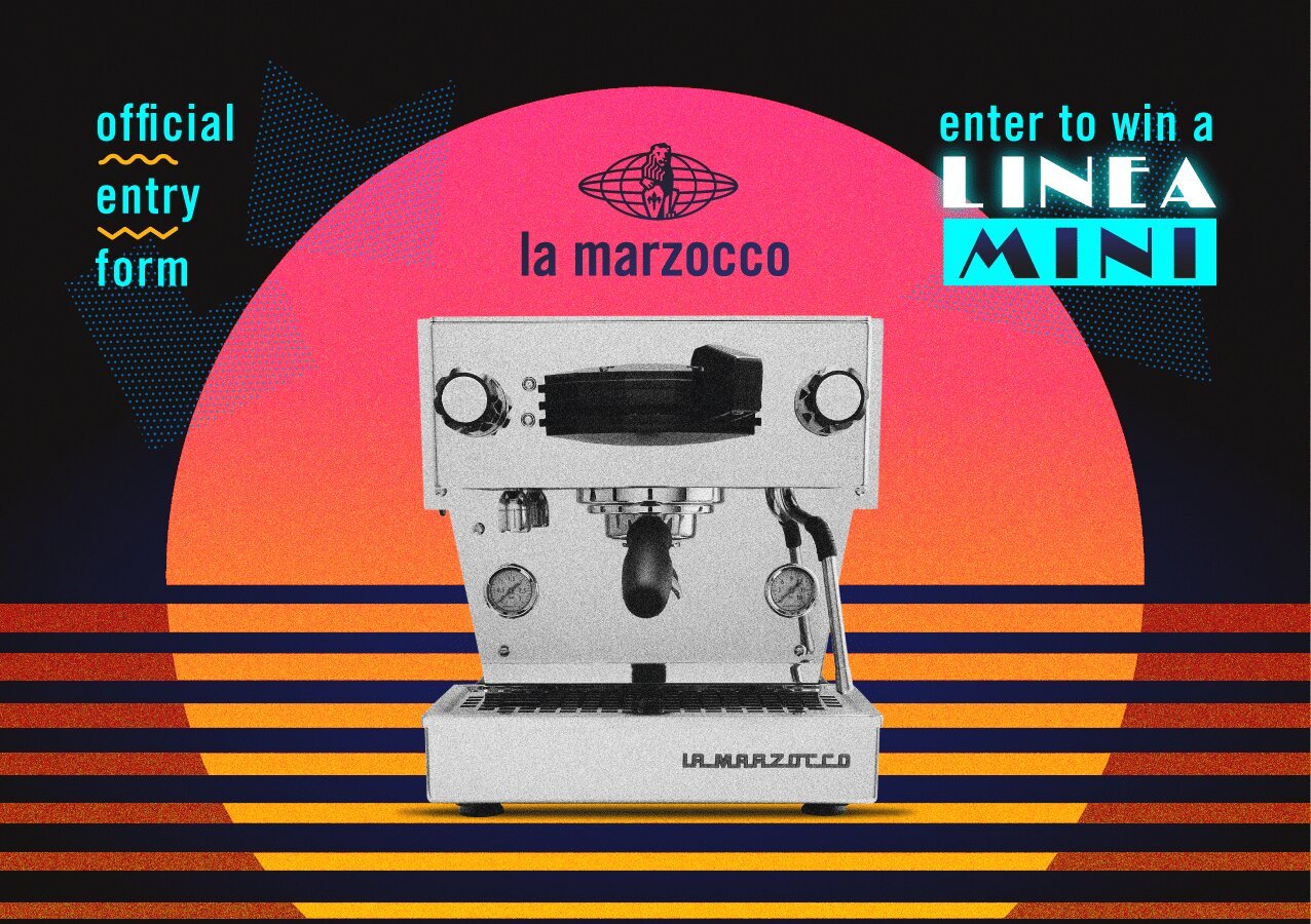 La Marzocco Linea Mini espresso machine contest entry form promotional poster
