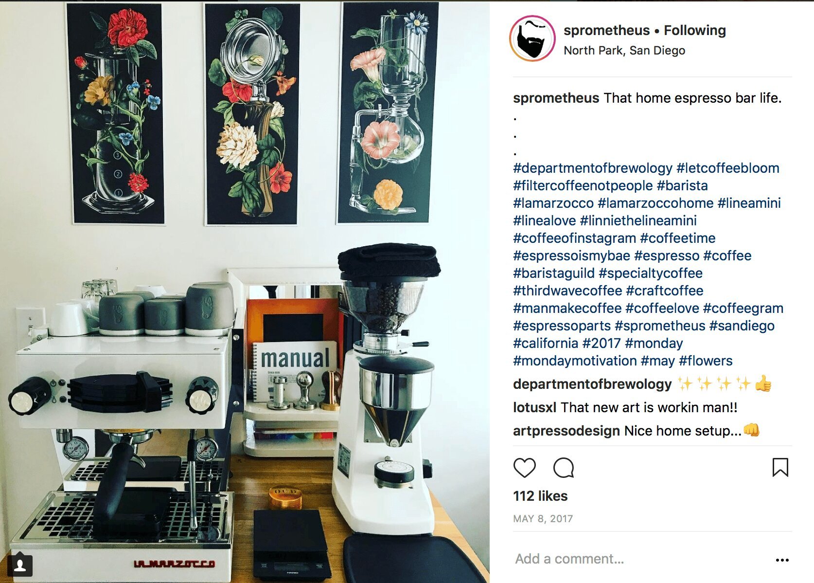 Instagram post from @sprometheus featuring a La Marzocco home espresso bar setup with espresso machine, grinder, and decorative botanical art prints in North Park, San Diego