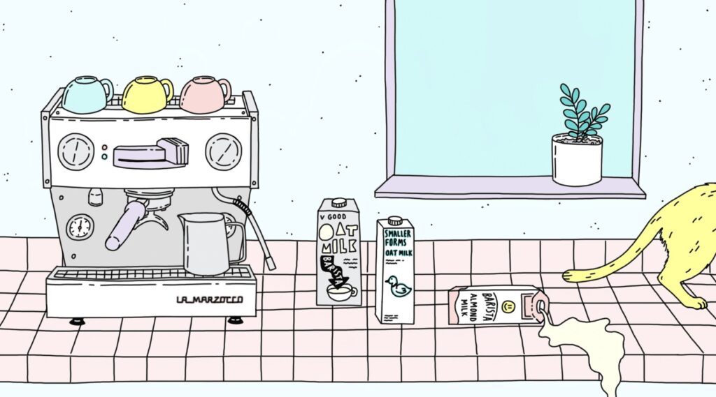 Cozy home kitchen counter with La Marzocco espresso machine, grinder, milk cartons, and a potted plant on the windowsill