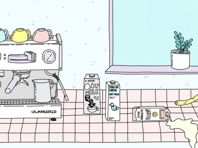 Cozy home kitchen counter with La Marzocco espresso machine, grinder, milk cartons, and a potted plant on the windowsill