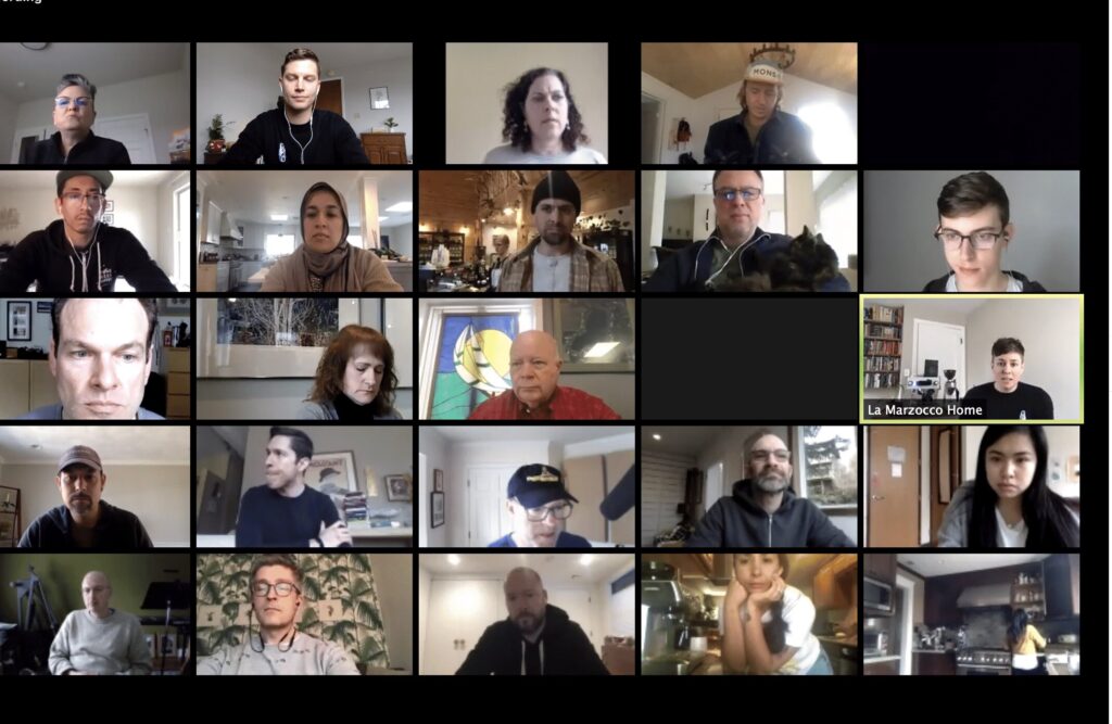 Video conference call with multiple participants on screen