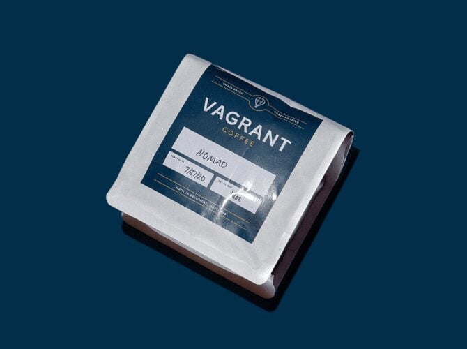Vagrant Coffee Nomad bag with label, top view