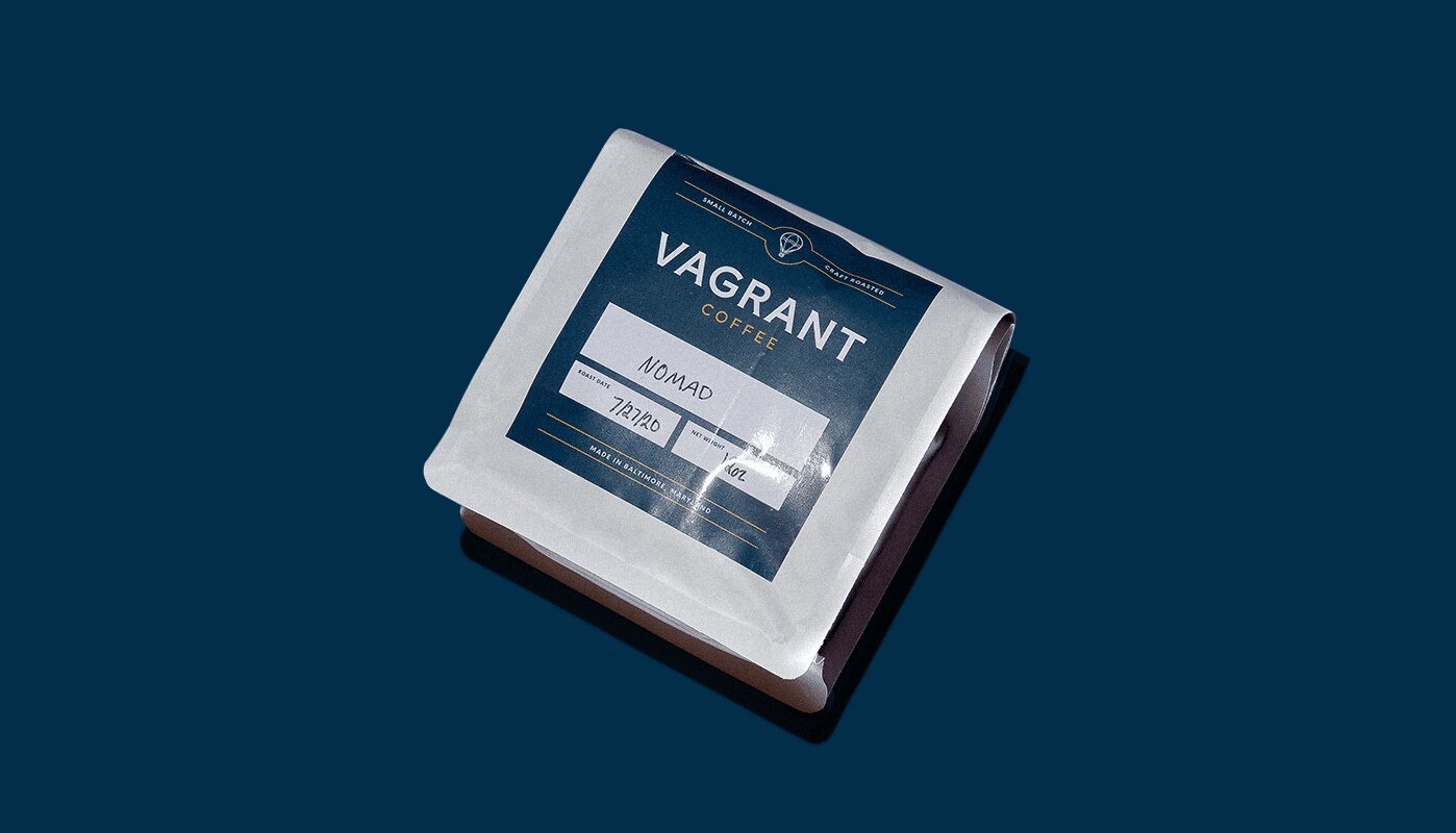 Vagrant Coffee Nomad bag with label, top view