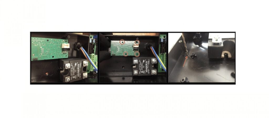 Internal espresso machine components showing circuit board, wiring, and pump assembly