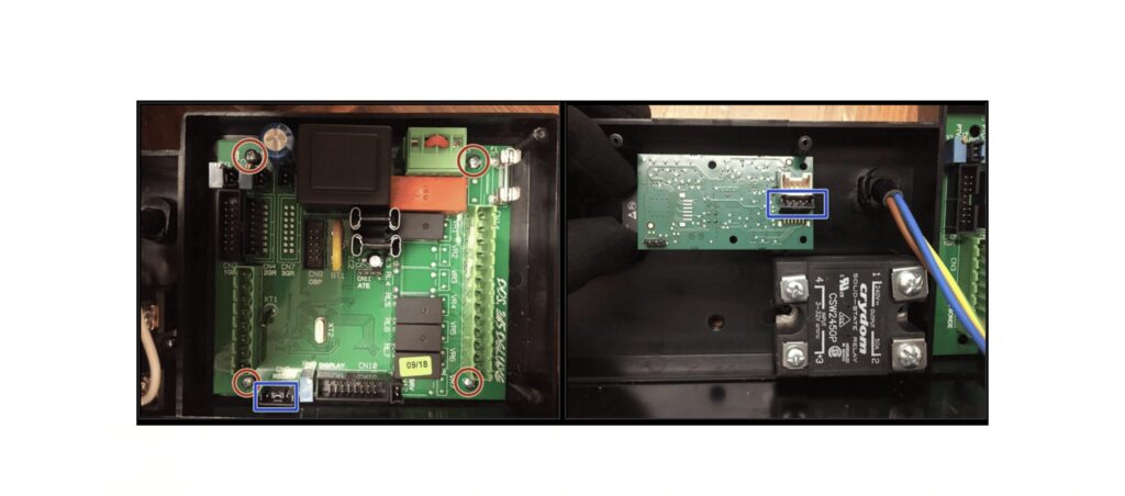 Internal espresso machine control circuit boards and components, showing green PCB boards, relays, and wiring in a technical assembly view