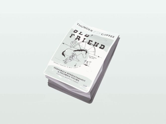 Thunder Coffee Blend Best Friend single-origin coffee package with illustrated design on light background