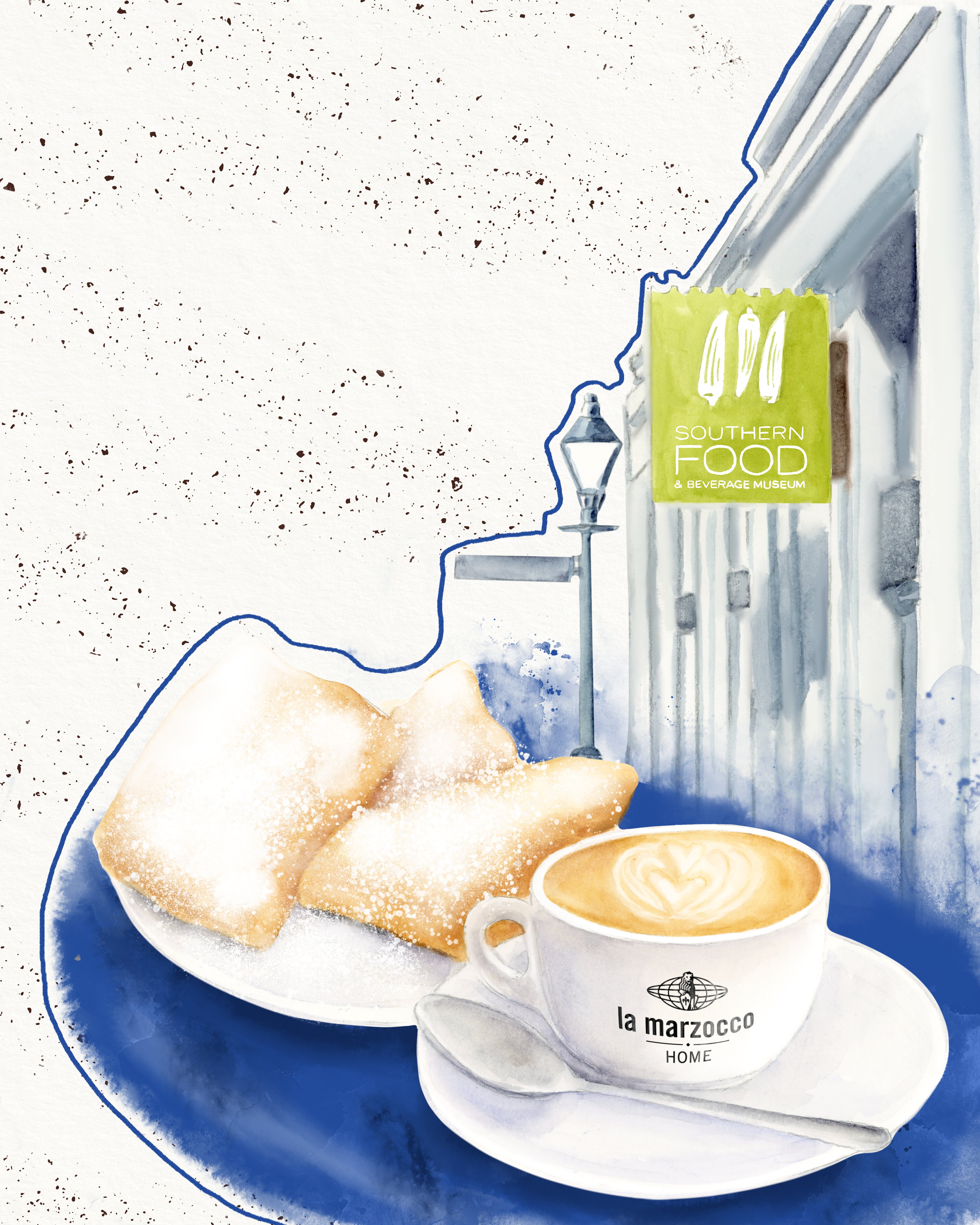 Cappuccino with latte art and beignets at the Southern Food & Beverage Museum, featuring La Marzocco Home branding