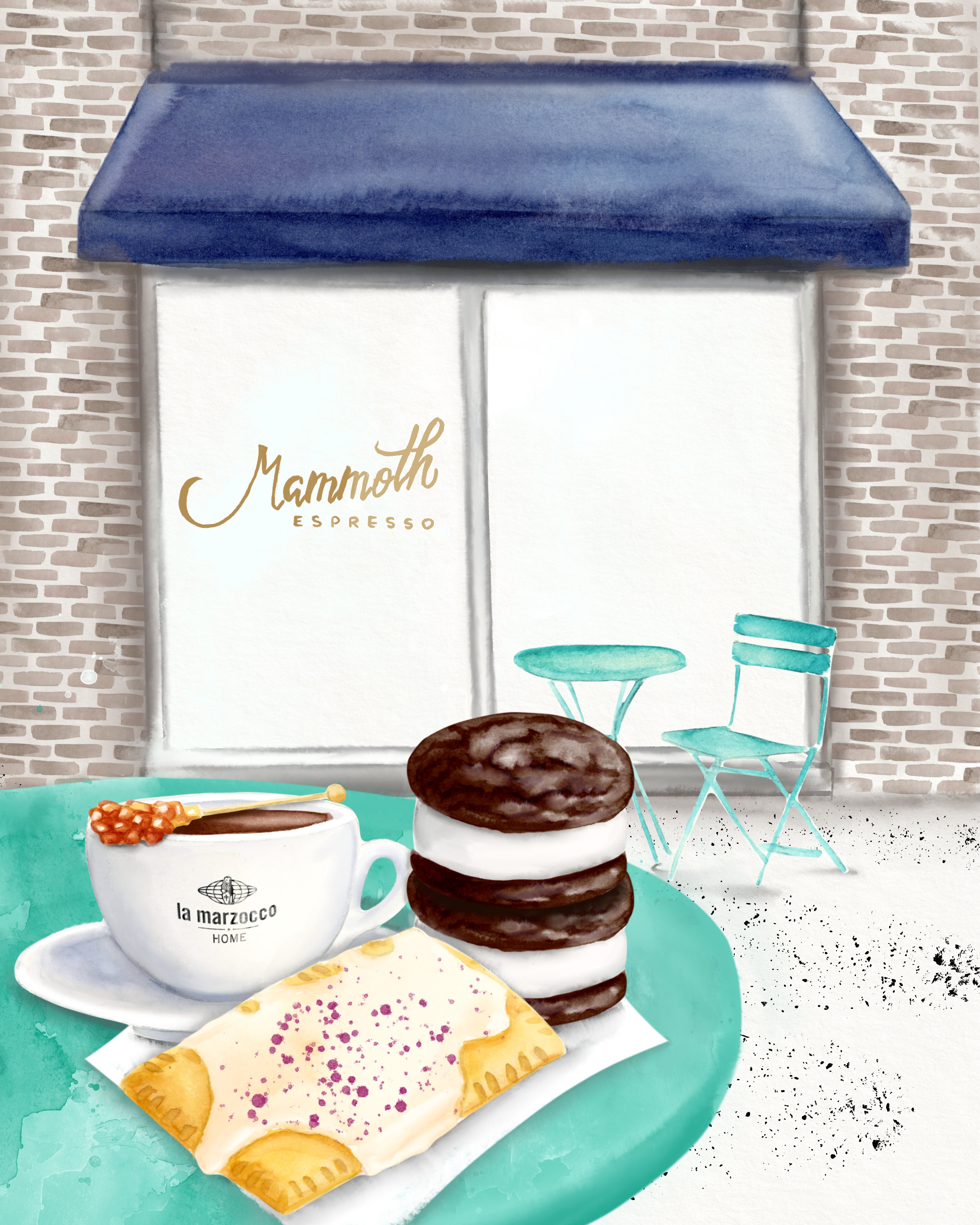 La Marzocco Mammoth Espresso and Mammoth Grinder displayed in a cafe setting with espresso cups, pastries, and turquoise chairs under a blue awning