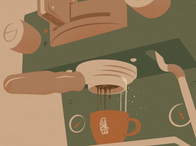 Home barista pouring espresso with a La Marzocco machine, illustrated coffee brewing scene