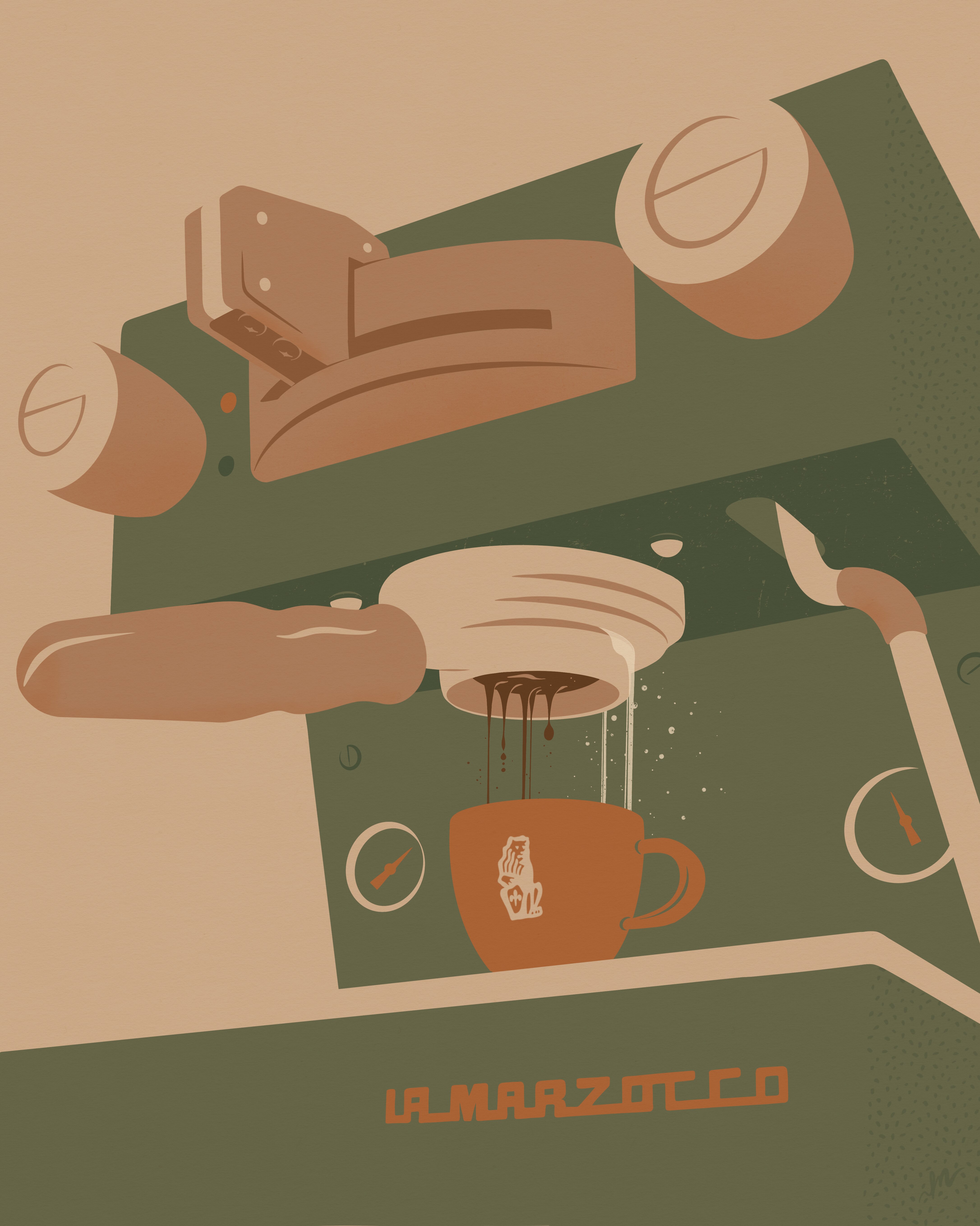 Home barista pouring espresso with a La Marzocco machine, illustrated coffee brewing scene