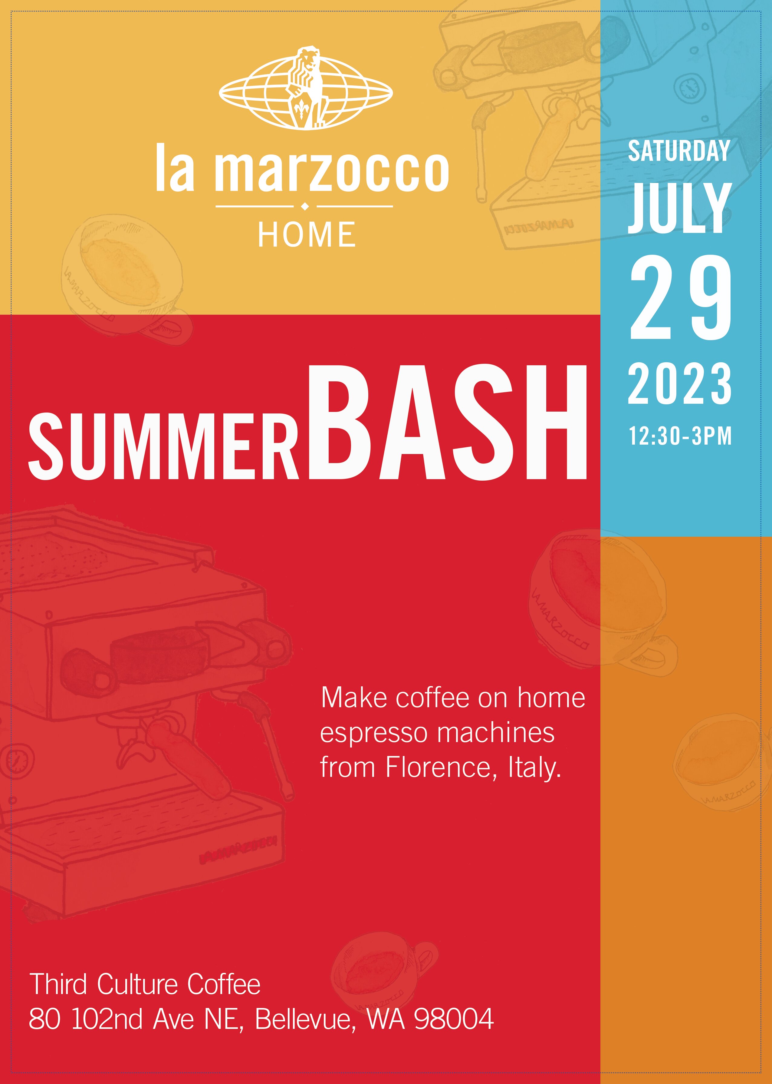 La Marzocco Home Summer Bash event poster, Saturday July 29 2023, featuring home espresso machines from Florence Italy