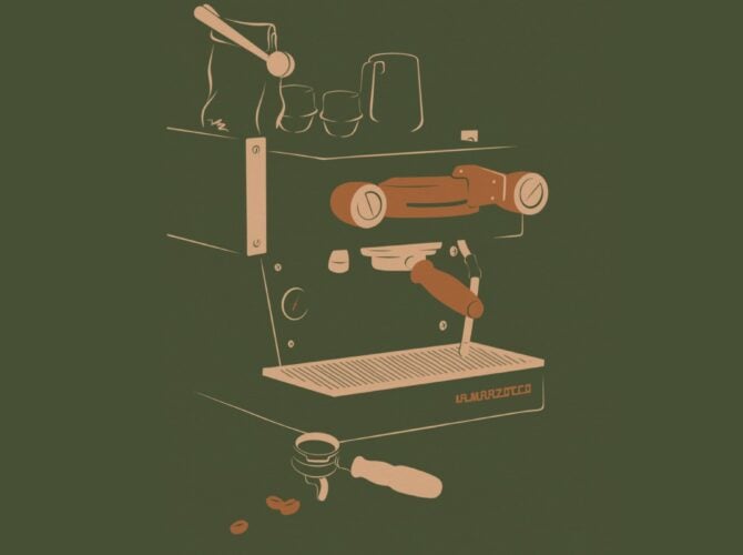 La Marzocco Linea Mini espresso machine illustrated with espresso-making components on green background