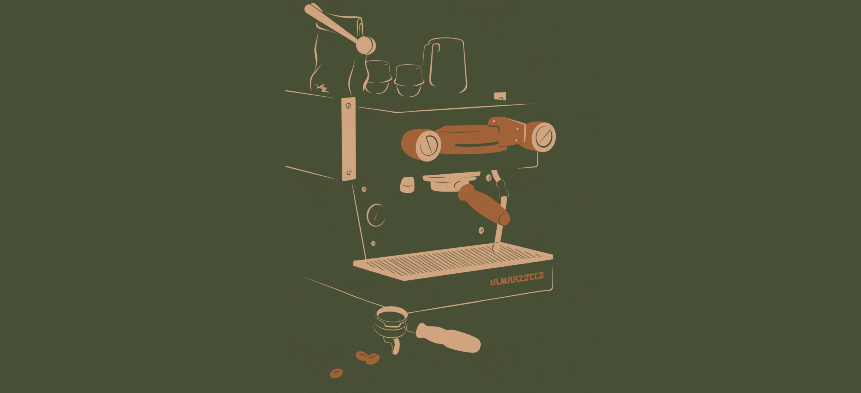 La Marzocco Linea Mini espresso machine illustrated with espresso-making components on green background