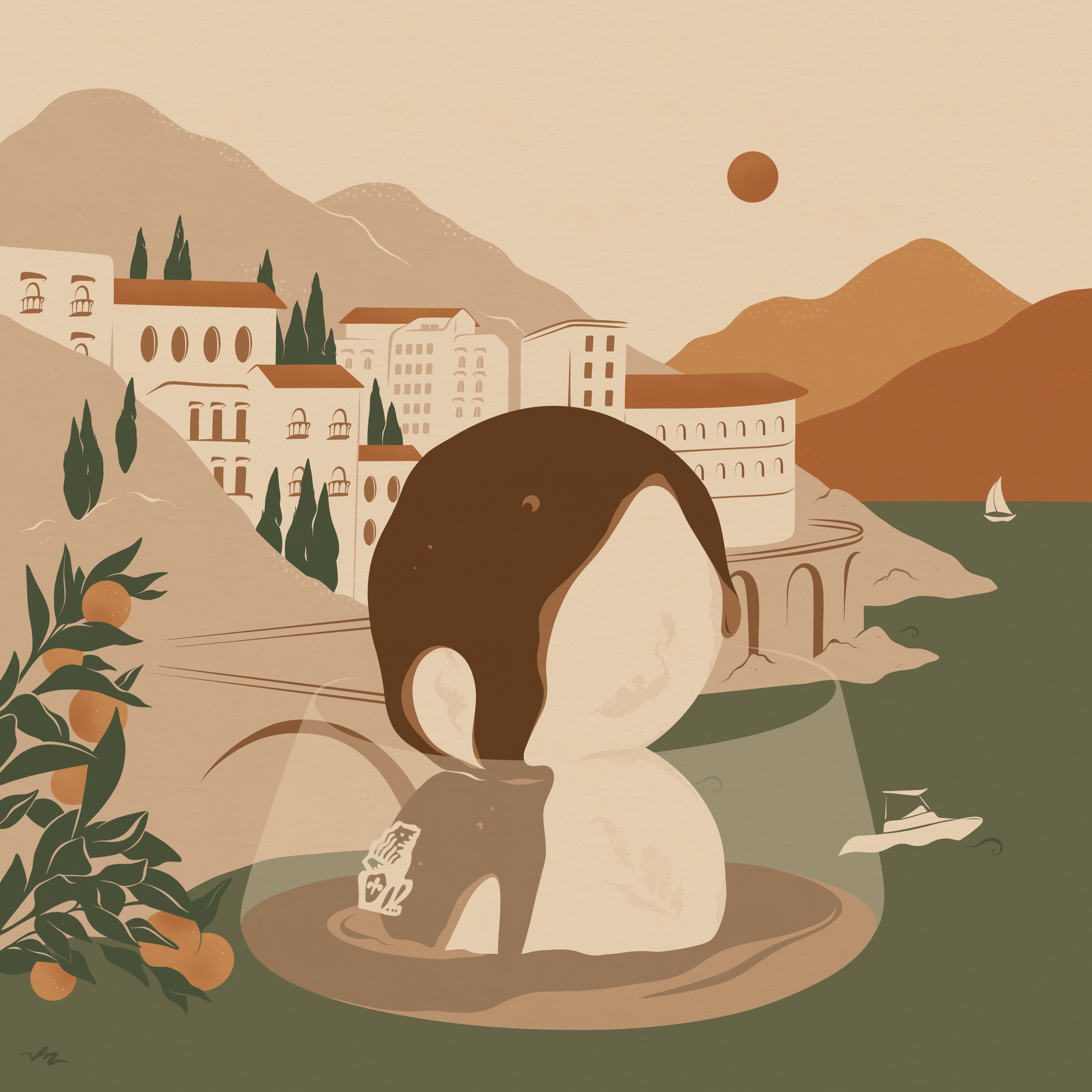 Woman enjoying an espresso in an Italian coastal village with mountains, cypress trees, and Mediterranean architecture