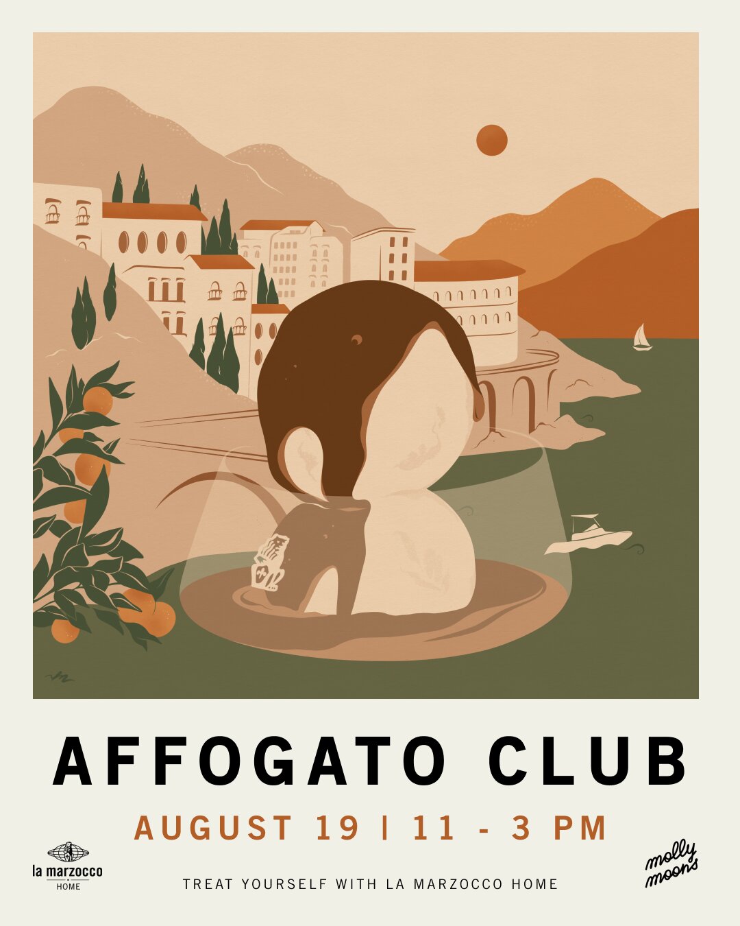 A woman with brown hair sitting outdoors overlooking an Italian coastal town with mountains and orange trees, with text "AFFOGATO CLUB AUGUST 19 | 11-3 PM TREAT YOURSELF WITH LA MARZOCCO HOME"