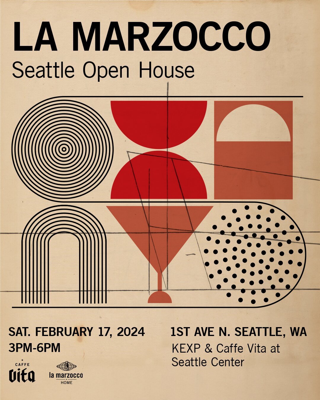 La Marzocco Seattle Open House event poster, Saturday February 17, 2024, 3PM-6PM at 1st Ave N Seattle, featuring geometric design with red and black shapes