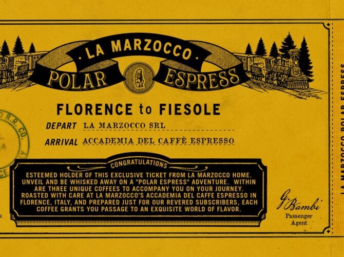La Marzocco Polar Express vintage-style ticket from Florence to Fiesole, featuring coffee roasting details and espresso journey information