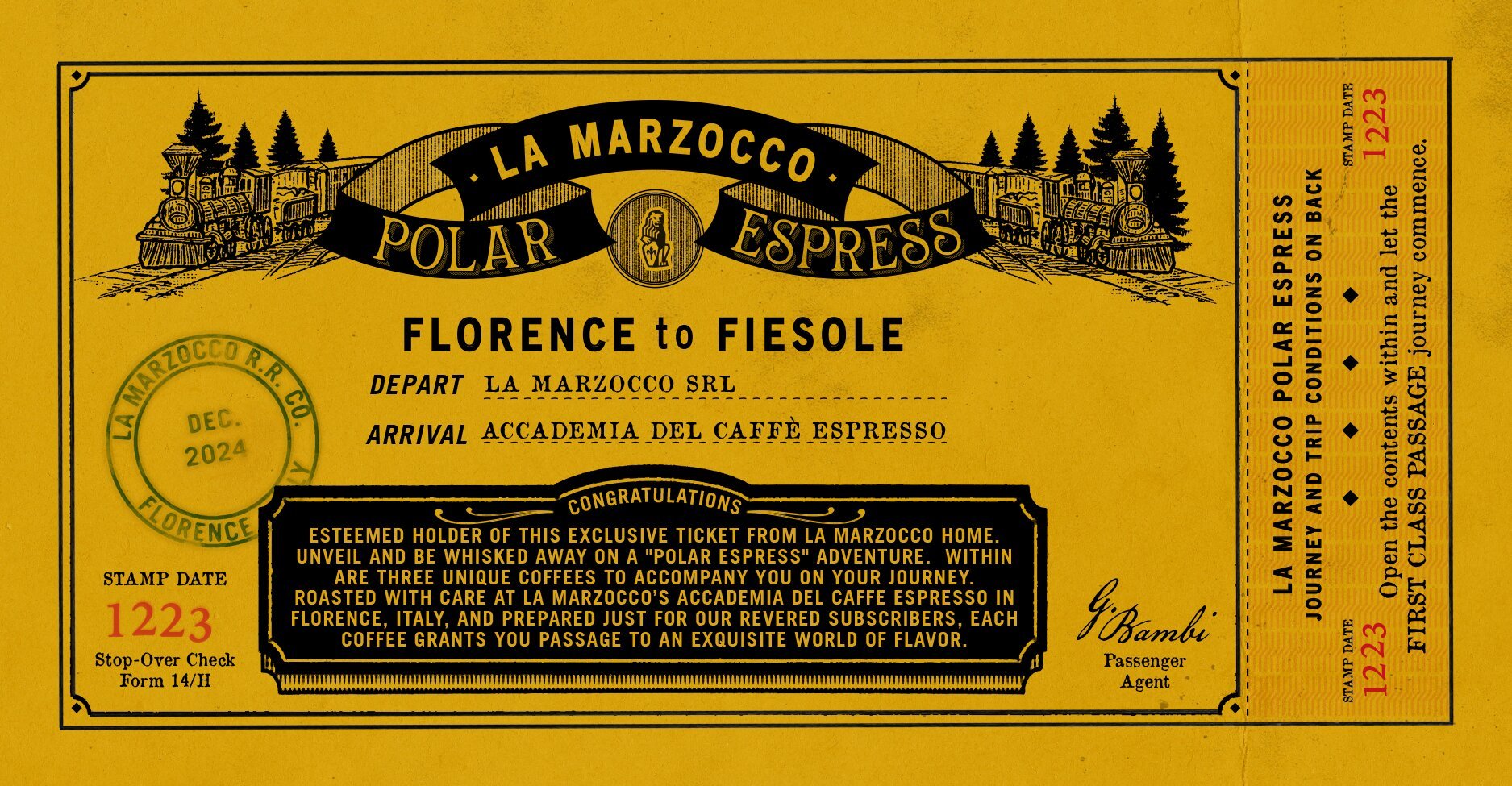 La Marzocco Polar Express vintage-style ticket from Florence to Fiesole, featuring coffee roasting details and espresso journey information