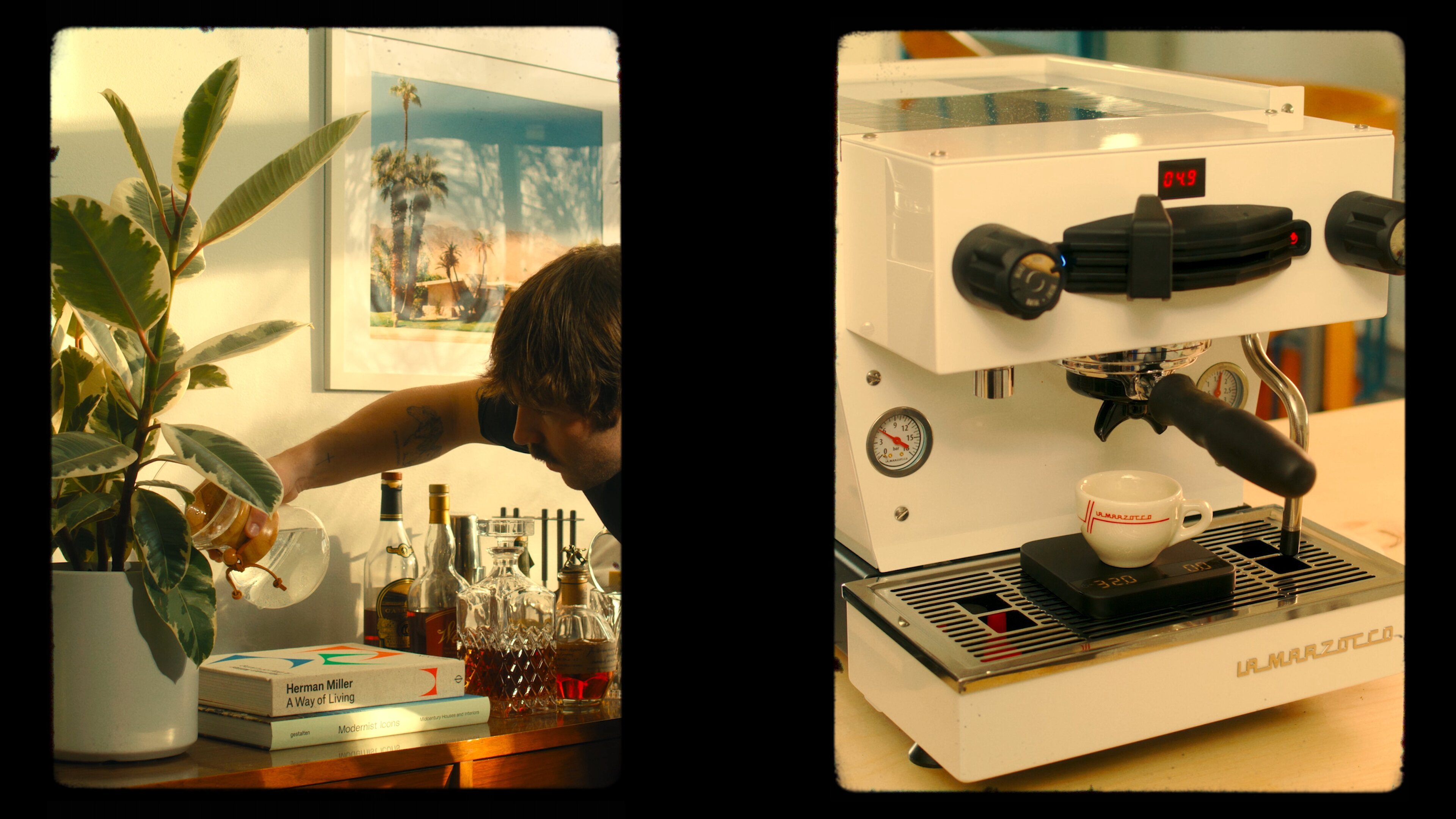 La Marzocco Linea Mini espresso machine in a home setting, showcasing brewing workflow and lifestyle use