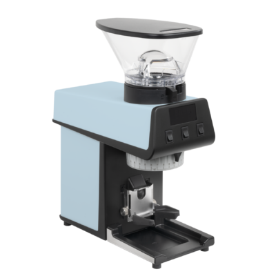 La Marzocco Pico grinder in light blue, front three-quarter view