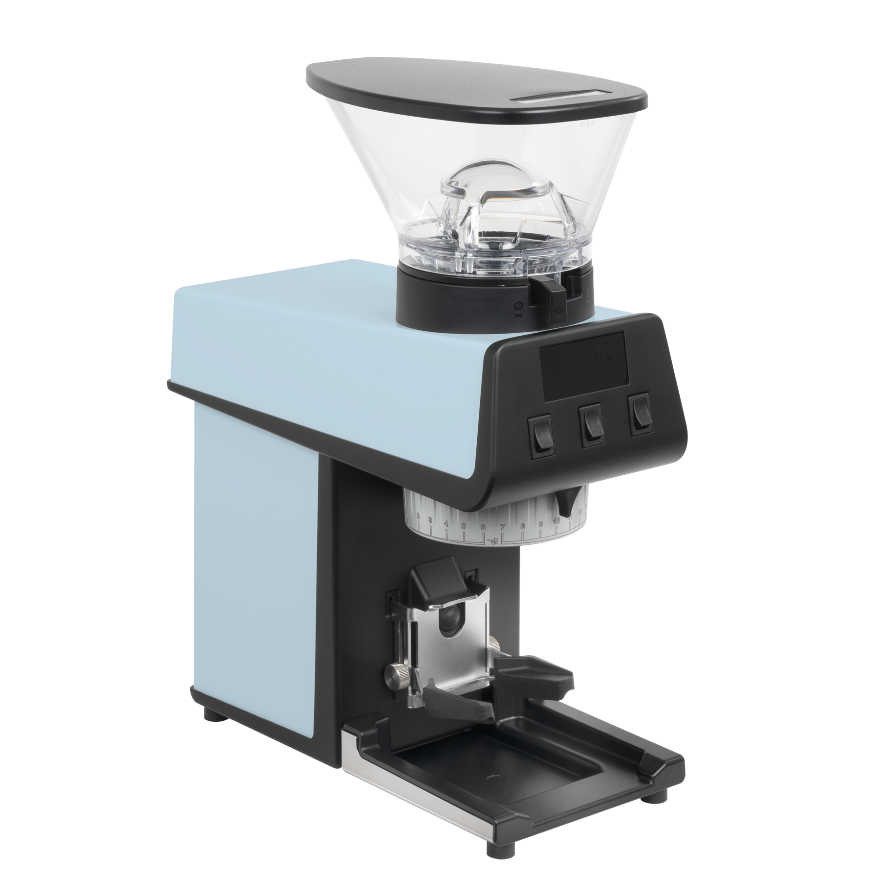 La Marzocco Pico grinder in light blue, front three-quarter view