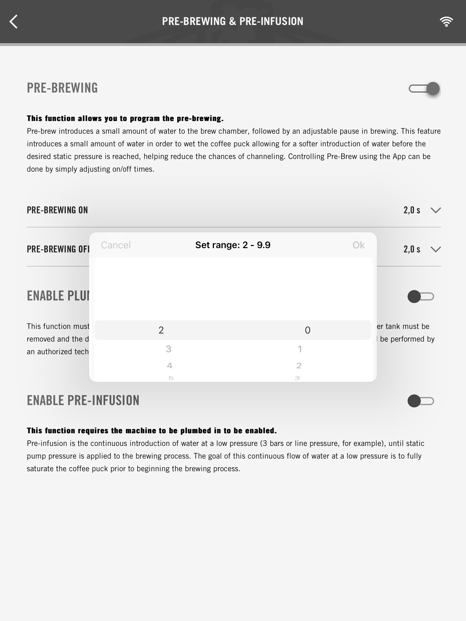 Mobile app settings screen for pre-brewing and pre-infusion features on La Marzocco espresso machine, showing adjustable time ranges and toggle controls