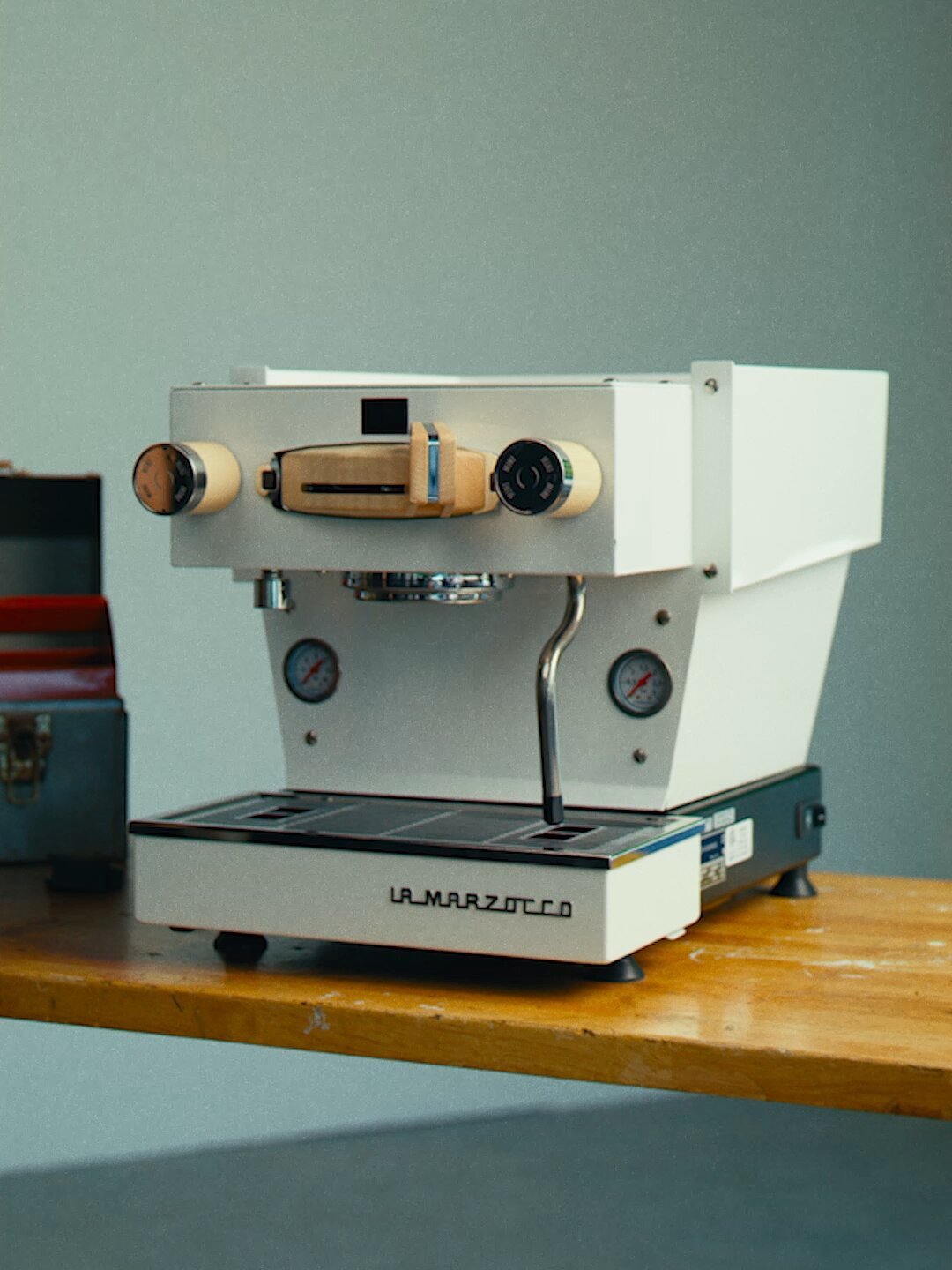 La Marzocco Linea Mini espresso machine, detailed view of group head and portafilter