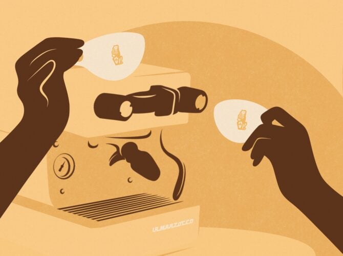 Two people clinking espresso cups with a La Marzocco Linea Micra espresso machine