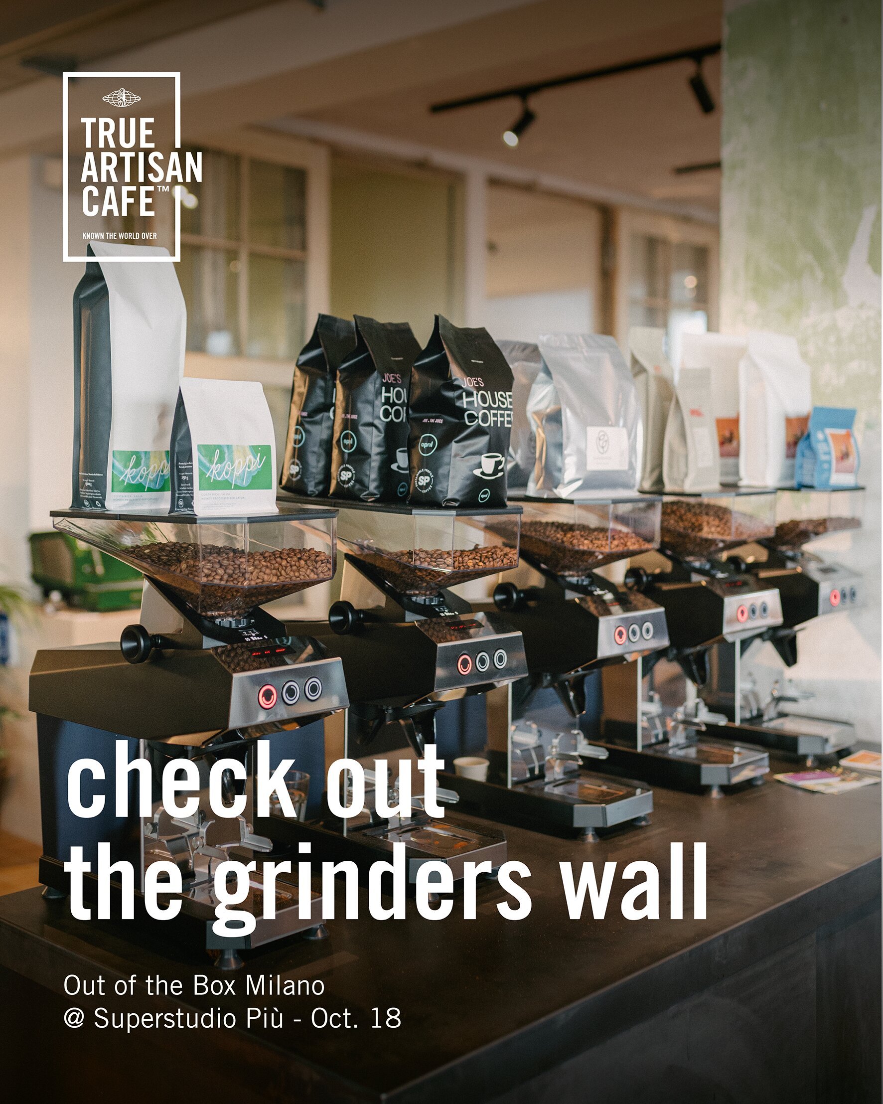 La Marzocco True Artisan Cafe coffee grinders and bags displayed on counter at Out of the Box Milano event, October 18