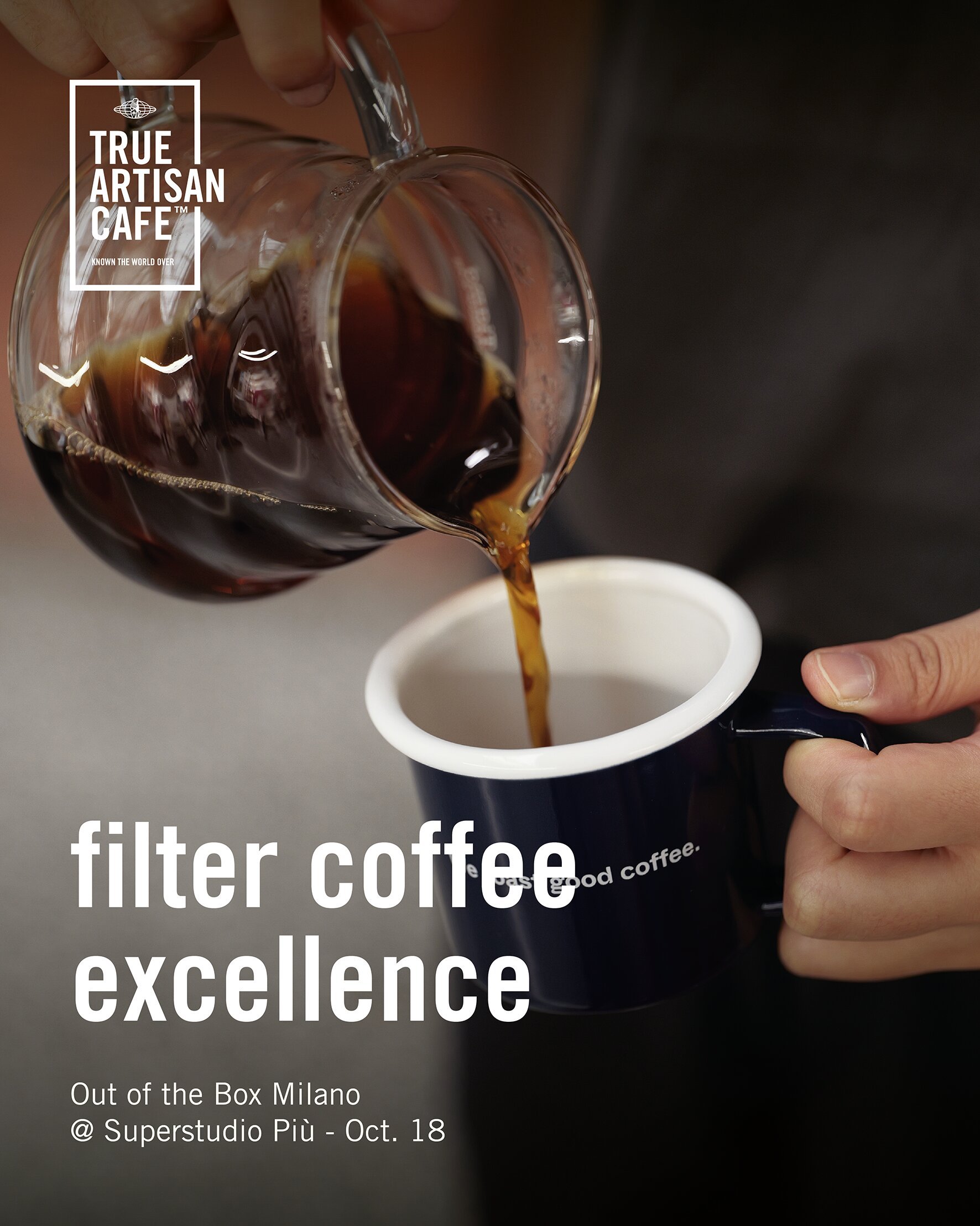 True Artisan Café filter coffee excellence promotional image with La Marzocco branding pouring coffee into a cup at Out of the Box Milano event