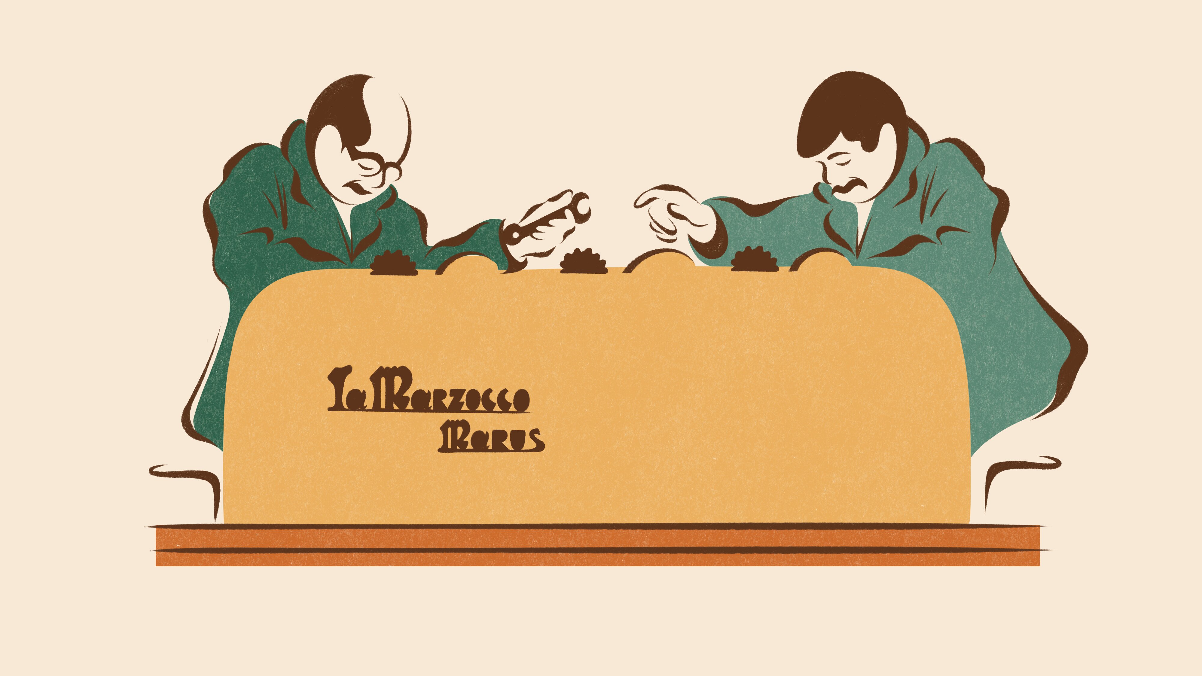Vintage-style illustration of two men in teal coats collaborating over a large yellow banner with "La Marzocco" branding
