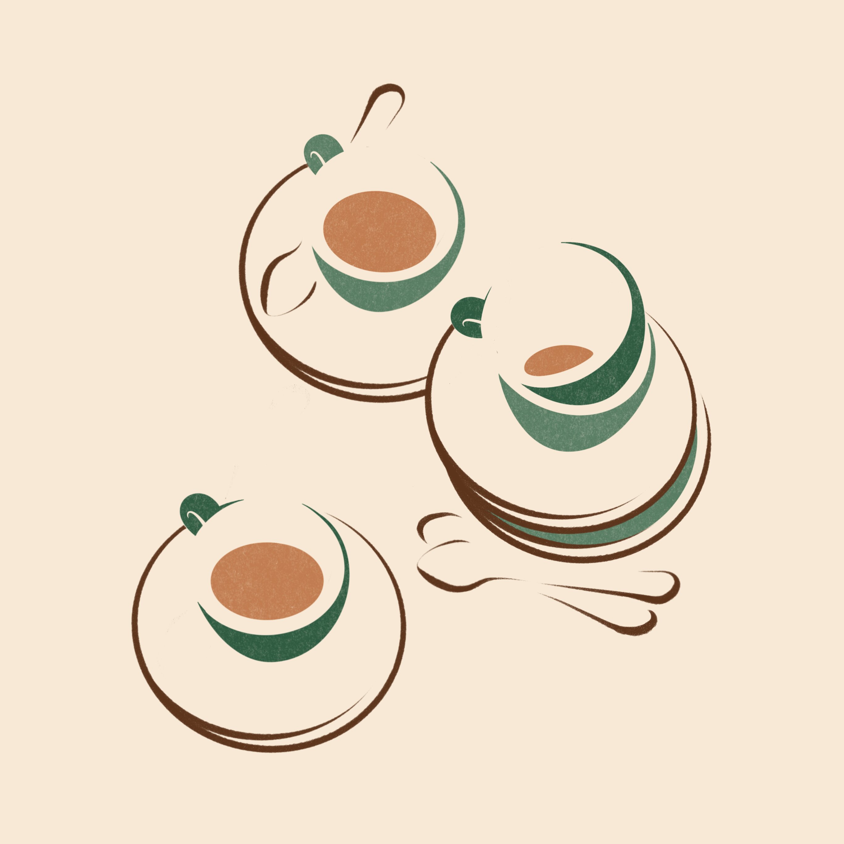 Three illustrated coffee cups with green and brown minimalist line art, each filled with espresso and topped with latte art, on a cream background