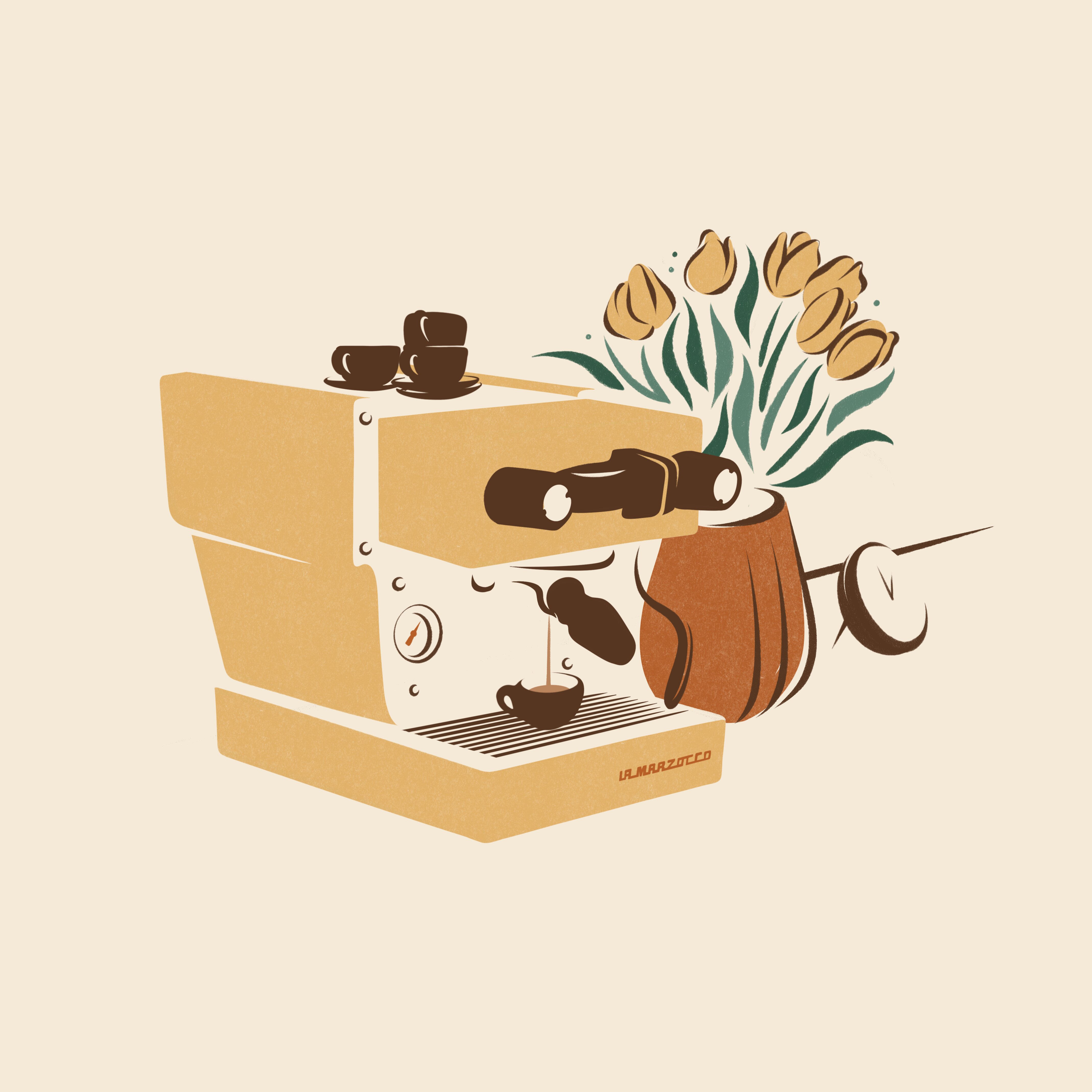 Espresso machine with coffee cups and yellow tulips on a beige background, illustration for La Marzocco Home