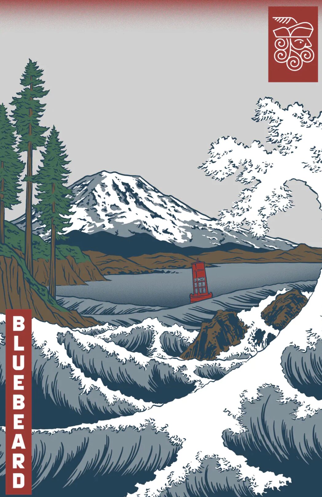 Bluebeard coffee roastery poster featuring snow-capped mountain, evergreen trees, ocean waves, and red lighthouse